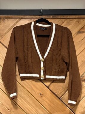 Love Tree Cropped Brown Cropped Cardigan with White Trim Preppy Small